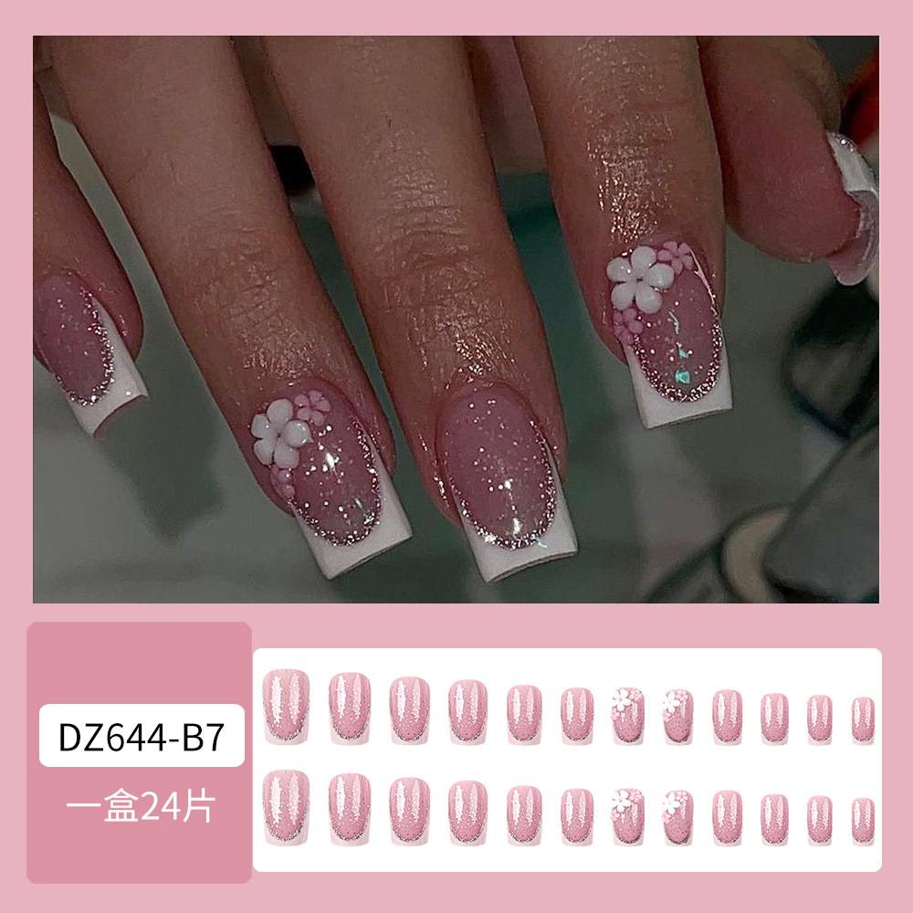 Cielo estrellado, borde blanco, uñas francesas, uñas, brillo, gradiente, uñas, venta caliente transfronteriza, flores tridimensionales, uñas
