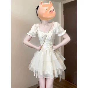 法式甜美泡泡袖连衣裙女夏季蝴蝶结初恋公主裙小个子收腰蓬蓬裙子