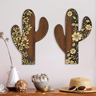 Amazon New Vintage Pattern Cactus Wooden Pendant Flower Wall Bedroom Hanging Wall Decoration Bedroom Hanging Decoration