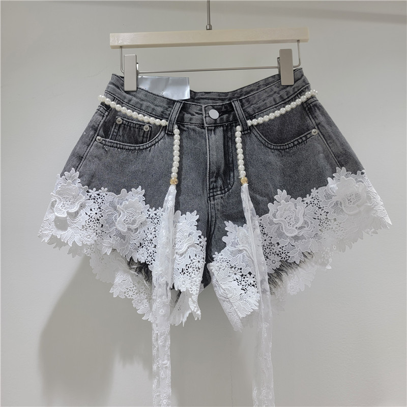 Pantalones Cortos de Mezclilla con Bordado y Encaje Incluye Cinturón para Mujer