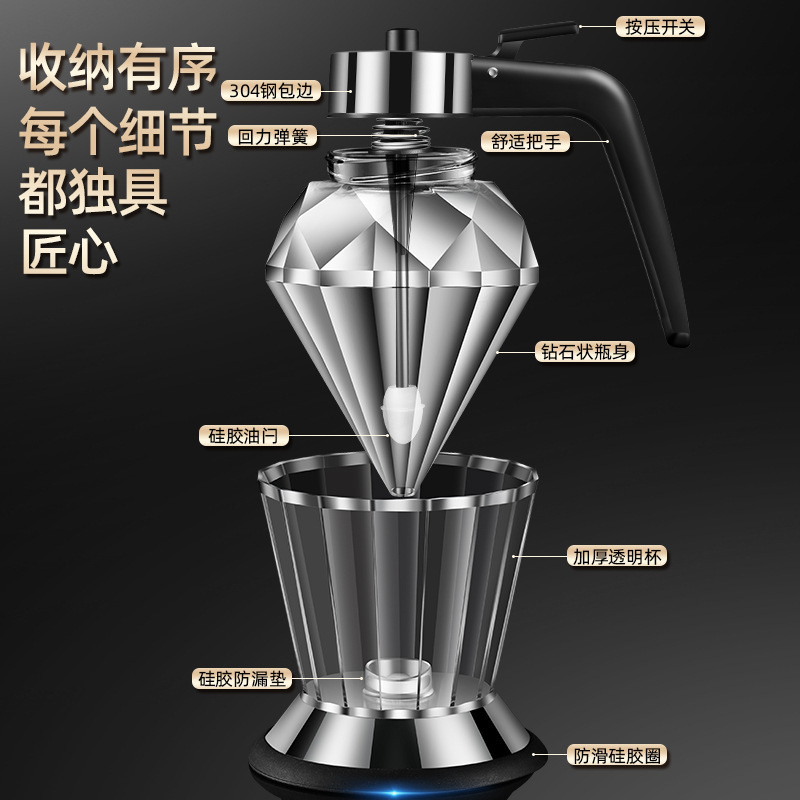 304 Stainless Steel Kitchen Oil-Proof Pot with Diamond Glass, Press-Type Oil Bottle for BBQ Baking