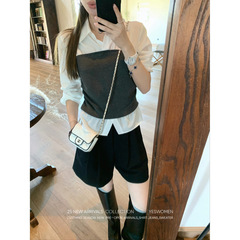 高智office lady·秋季款白色假两件拼接撞色收腰长袖衬衫上衣女