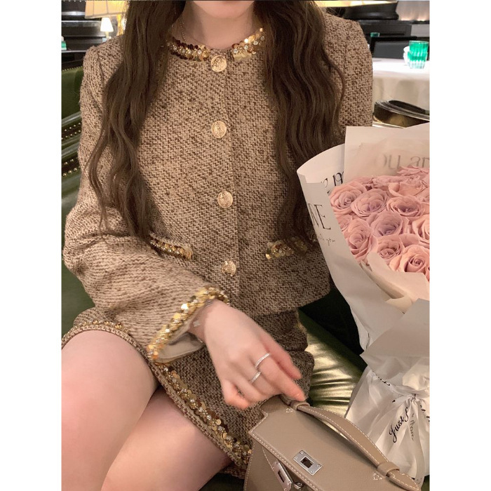 高级感小香风金色编织亮片仿羊毛呢短外套女圆领钉珠洋气短裙套装|undefined