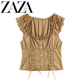ZAZA 自制欧美风 批发女装 时尚百搭气质跨境水洗效果府绸T恤上衣