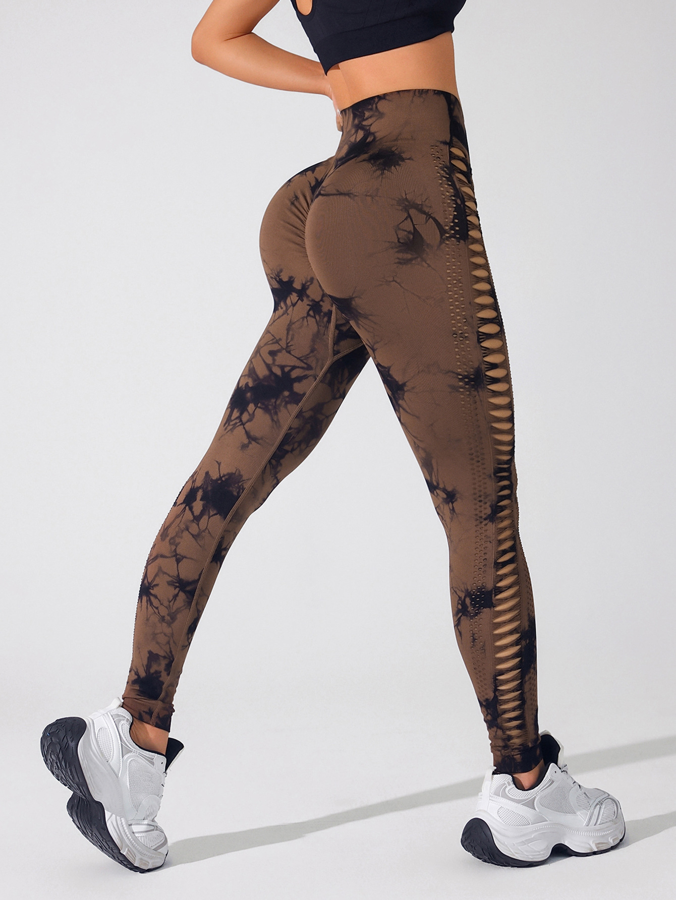 2025 primavera y verano tiñido sin pimples de cintura alta mujer apertado y rápido secado deportivo base de mel桃 caderas pantalones de gimnasio mesh