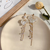 South Korean goods, earrings, retro long silver needle with tassels from pearl, french style, silver 925 sample, wholesale