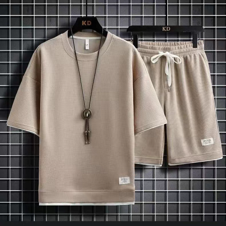 Новый летний вафли набор свободных молодых красивых пар шорты с короткими рукавами 2 комплекта спортивной одежды для мужчин