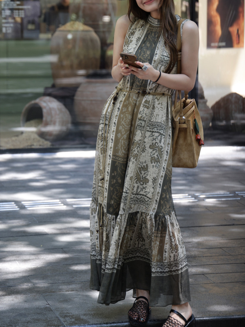 Old Money Style with a Laid-Back Vacation Vibe, Paired with a Hand-Woven Belt, Rayon Collar, and a Printed Dress with Patterned Hem