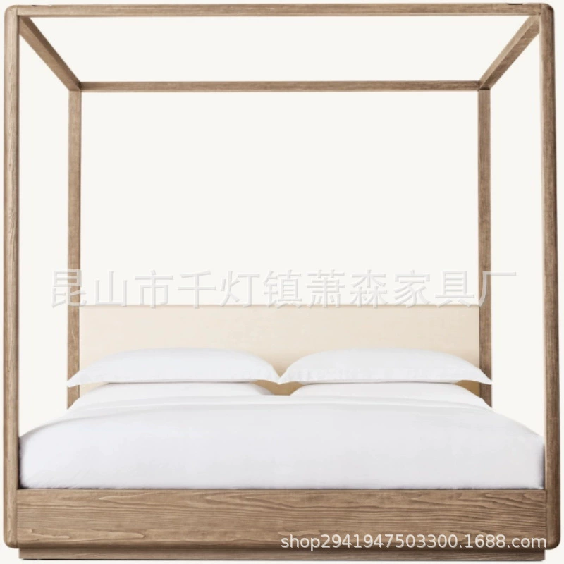 Кровать RH American из массива дуба, большая кровать во французском ретро-стиле, легкая роскошная кровать с четырьмя стойками, кровать в скандинавском стиле с москитной сеткой и прозрачной занавеской.