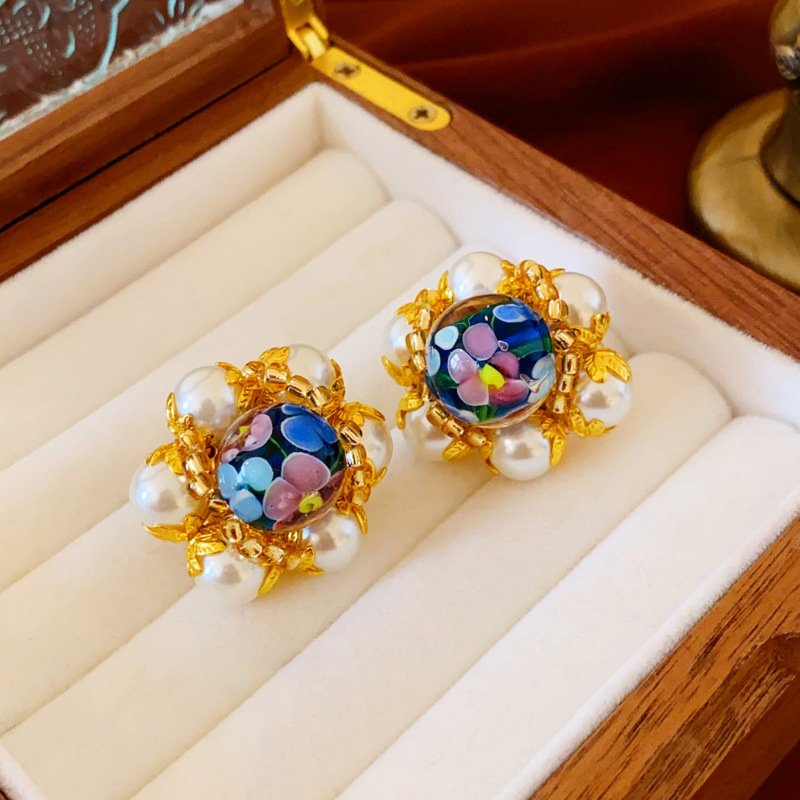 1 Paire Style Vintage Fleur Perle D'Imitation Alliage Verre Boucles D'Oreilles display picture 3