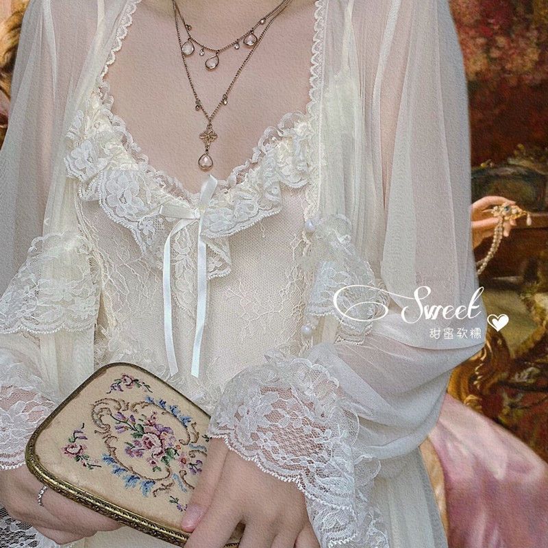 Sweet soft glutinous summer cicada singing and shouting French retro court style ultra-thin nightdress two-piece morning gown Super fairy popular