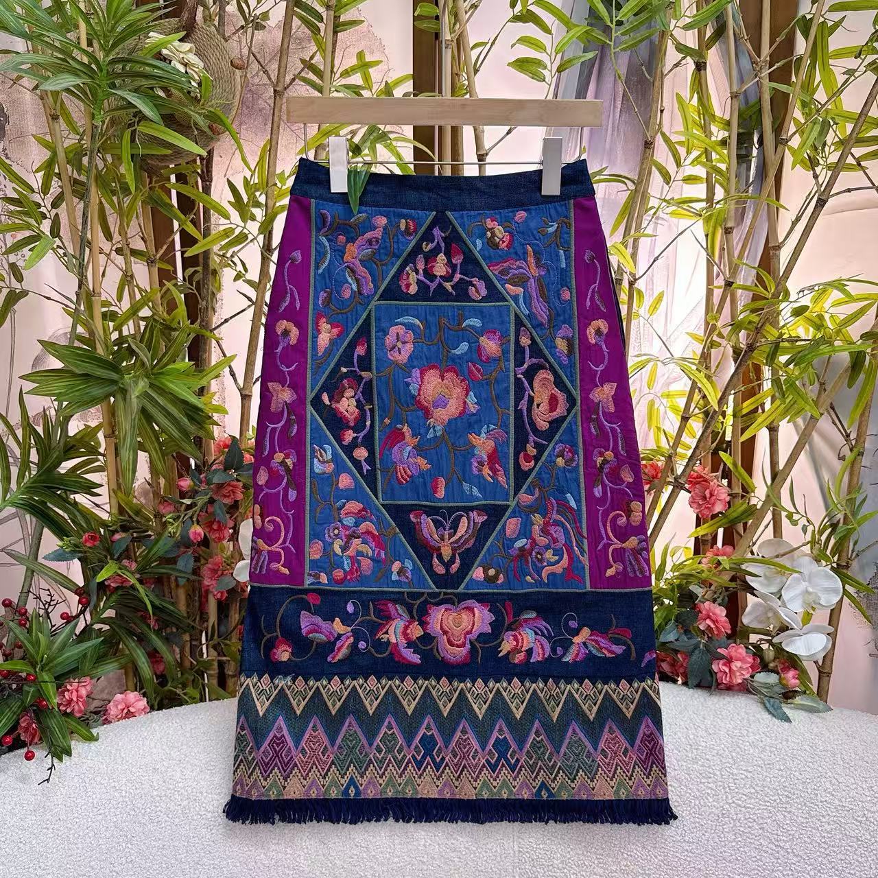 2026 Autumn New Ethnic Style Fully Embroidered Women's Skirt, Vintage Loose Patchwork High-Waisted Long Skirt for Women