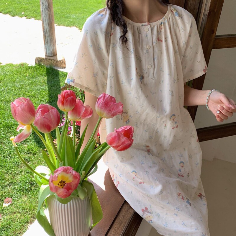 Spring and Summer New Korean Style Double-Layer Cotton Yarn Class a Aerobic Yarn Home Skirt Sweet Button Round Neck Short-Sleeved Nightgown for Women