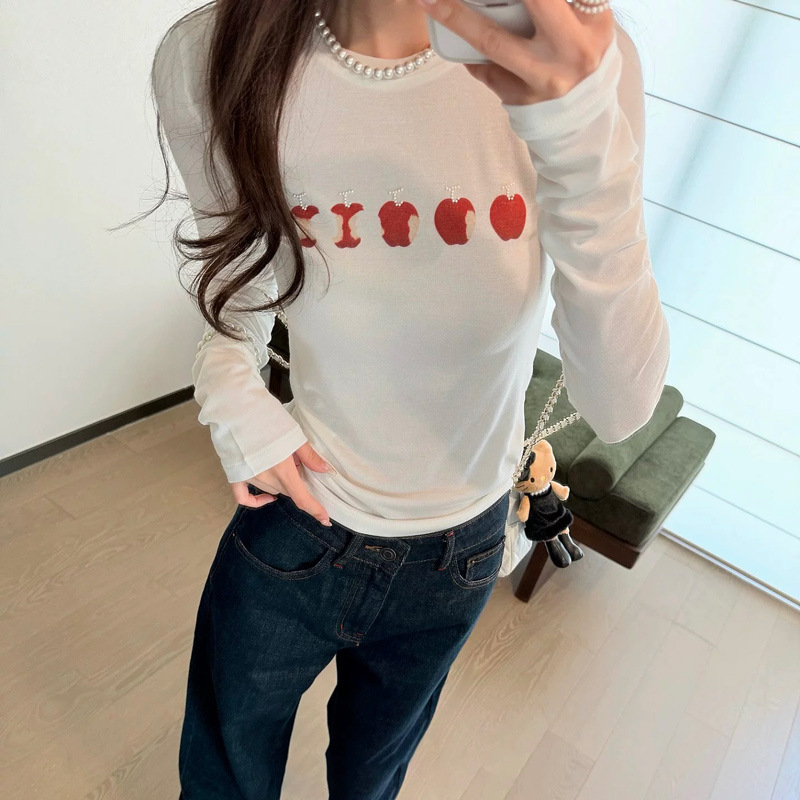 2026 Spring New Celebrity Style Korean Slim Fit Stretch Apple Print Long Sleeve Women's Base T-Shirt 2026 Spring New Celebrity Style Korean Slim Fit Stretch Apple Print Long Sleeve Women's Base T-Shirt