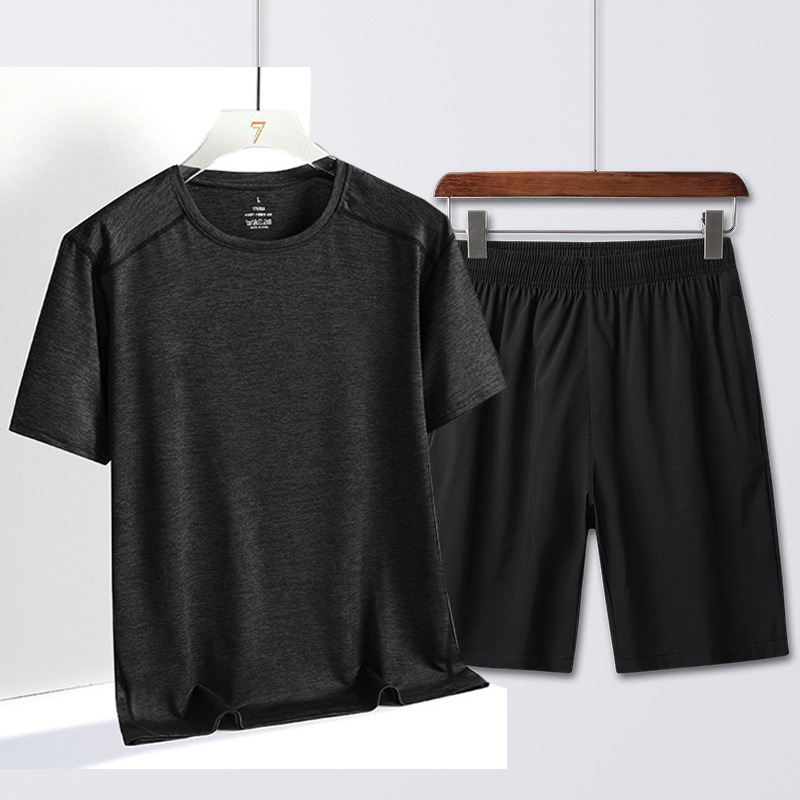 Verano nuevo hombre rápido secado juego deportivo fitness ropa de carrera de dos piezas juego transpirable mangas cortas camiseta pantalones cortos grandes image 4