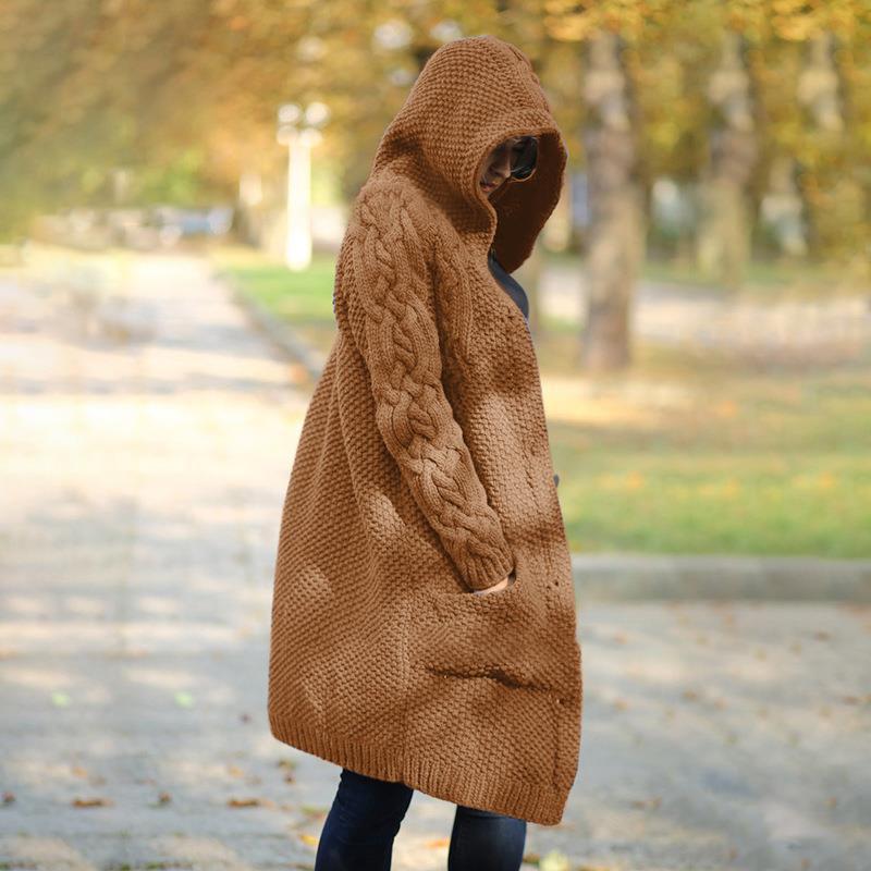 Women's Clothing autumn and winter thickened sweater cardigan hooded long knitted sweater large size women's coat thick _voghion.com