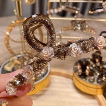 轻奢满钻天鹅花朵抓夹高级感珍珠发卡女后脑勺盘发鲨鱼夹头饰批发