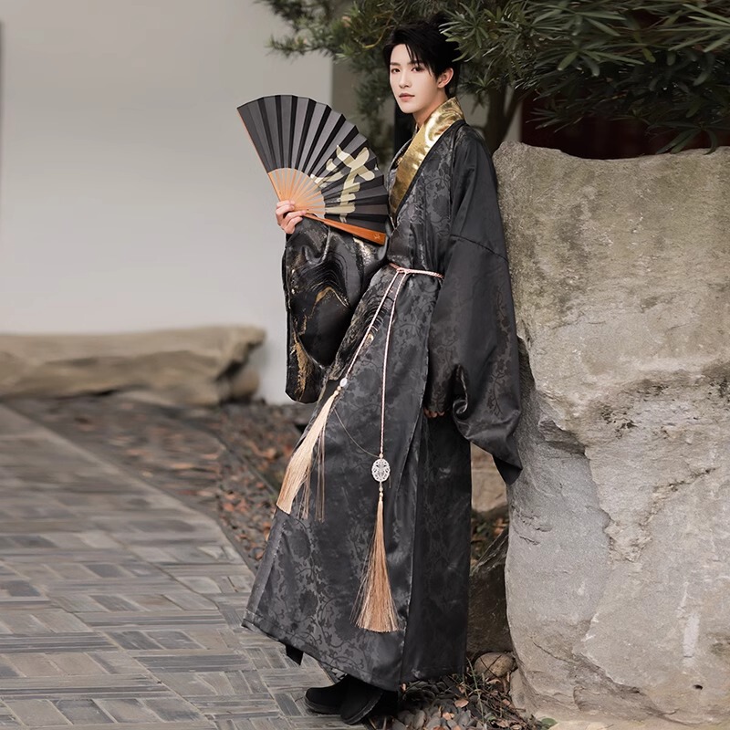 2026 New Authentic Original Hanfu Unisex Taoist Robe with Gold Embroidery and Bold Black Design, Ming-Style Ancient Costume for Spring and Autumn
