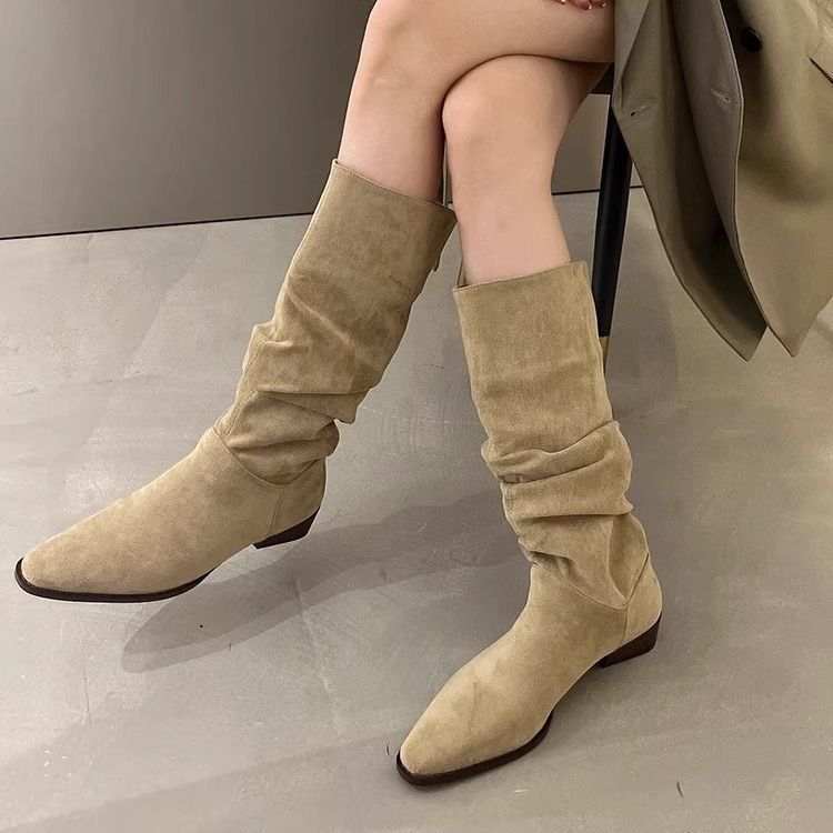 2025年新款时尚百搭尖头粗跟短靴西部牛仔靴套筒骑士靴女两穿长靴