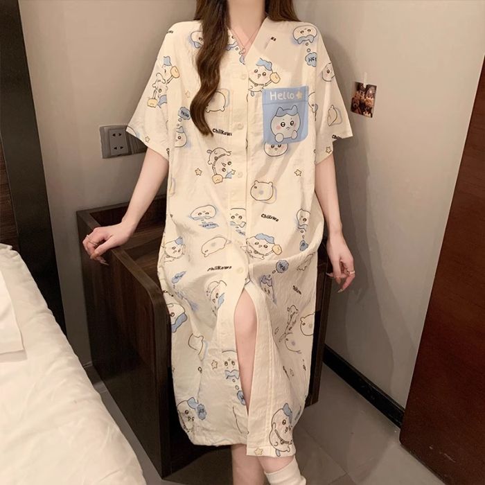 Camisón de manga corta al por mayor transfronterizo pijama de verano para mujer, falda larga, cárdigan, suelto, ropa de casa de dibujos animados, algodón de nube
