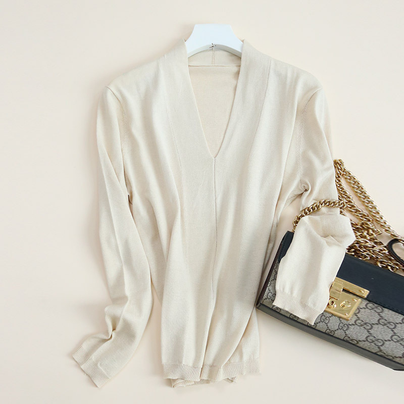 Tangge Autumn and Winter Silk Cashmere Long-sleeved Base Shirt V-neck Warm Mulberry Silk Top T-shirt Pullover Knit