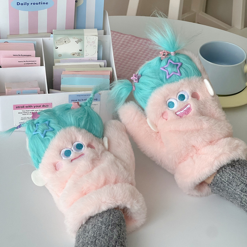 跨境棉花娃娃diy 毛绒全包手套冬季可爱学生便携搞怪加厚挂脖手套|undefined
