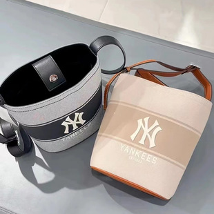 South Korea Mlb2025 New Canvas Contrasting Color Bucket Bag Ny Large Capacity Retro Shoulder Crossbody Bag Same Style for Men and Women