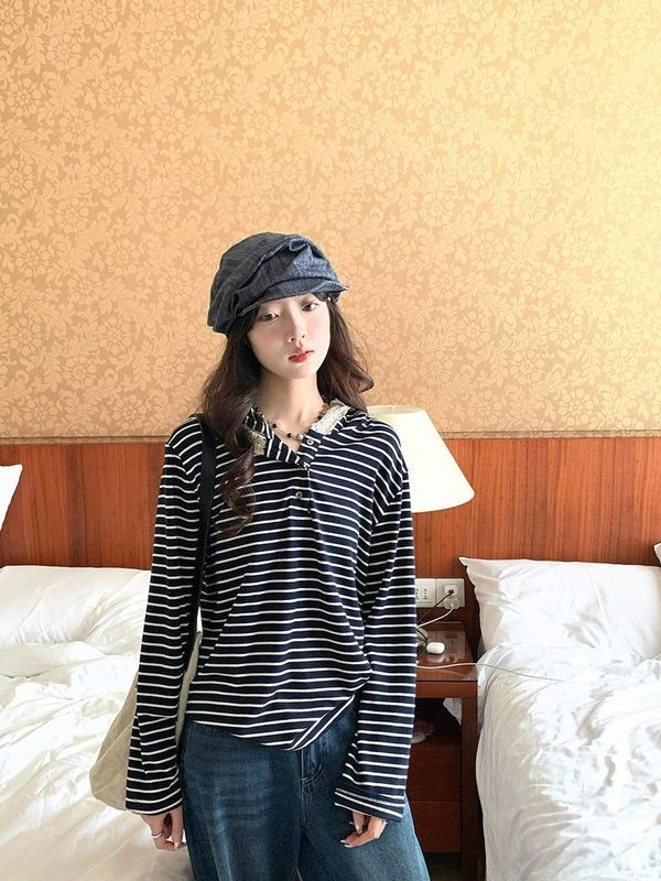 蕾丝边拼接条纹连帽长袖T恤女秋季新款宽松韩系甜美慵懒休闲上衣|undefined