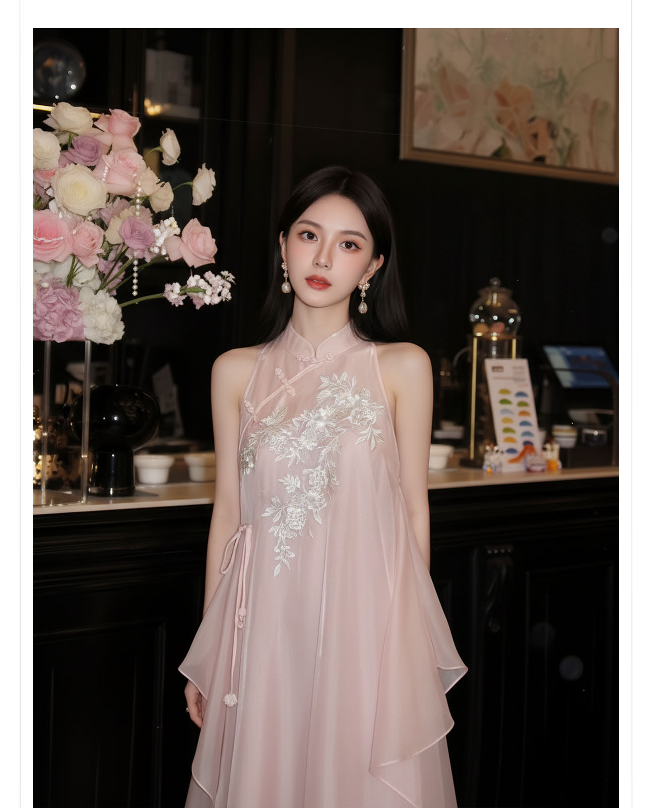 Đầm maxi thêu hoa phong cách Trung Hoa cổ điển, chất vải mỏng nhẹ mùa hè, tay lỡ, thắt eo — hồng chi tiết 9