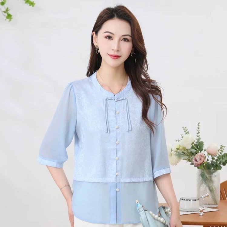 Маминая летняя новая модная футболка в китайском стиле, маленькая рубашка для мам среднего и пожилого возраста, тонкая верхняя рубашка в китайском стиле, уменьшающая возраст