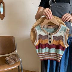 Ladies' Summer V-Neck Top 2024 New Arrival Korean Style Retro Striped Knit Thin Ice Silk Blouse