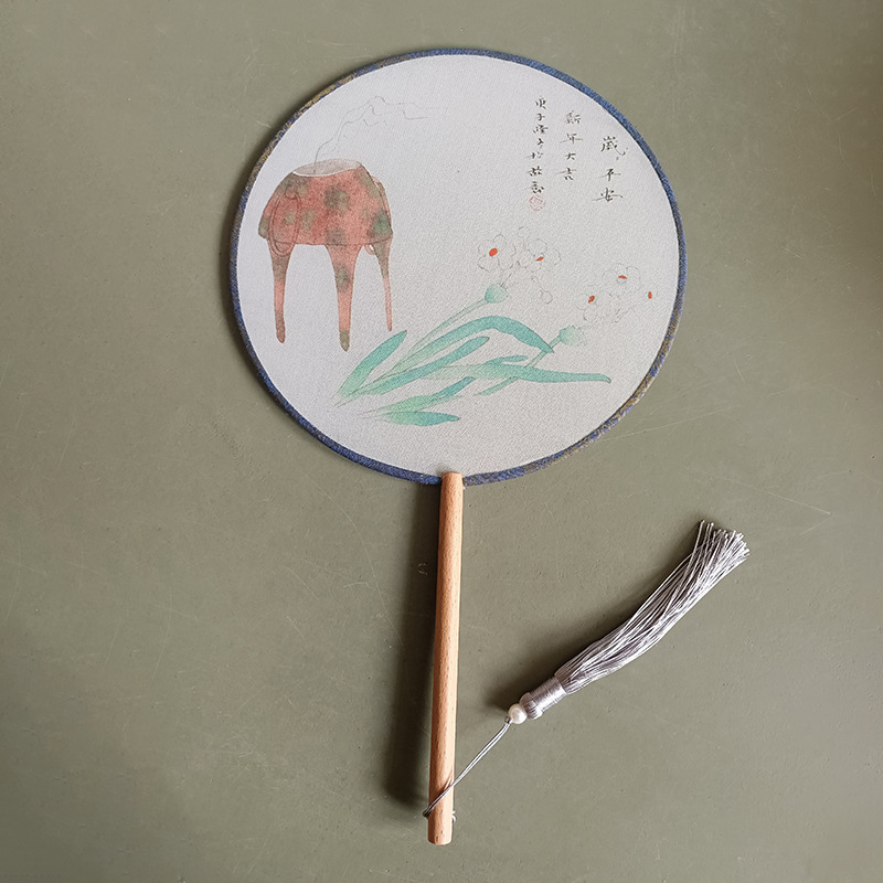 Ventilador redondo de estilo antiguo ventilador de doble cara de mango largo danza ventilador publicitario traje antiguo Hanfu cheongsam ventilador redondo de estilo chino ventilador de palacio al por mayor