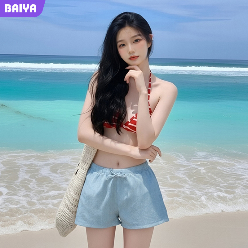 Parques acuáticos que cubren la carne y adelgazan bikini a rayas pantalones cortos sueltos vacaciones playa traje de baño sexy fabricante de origen femenino