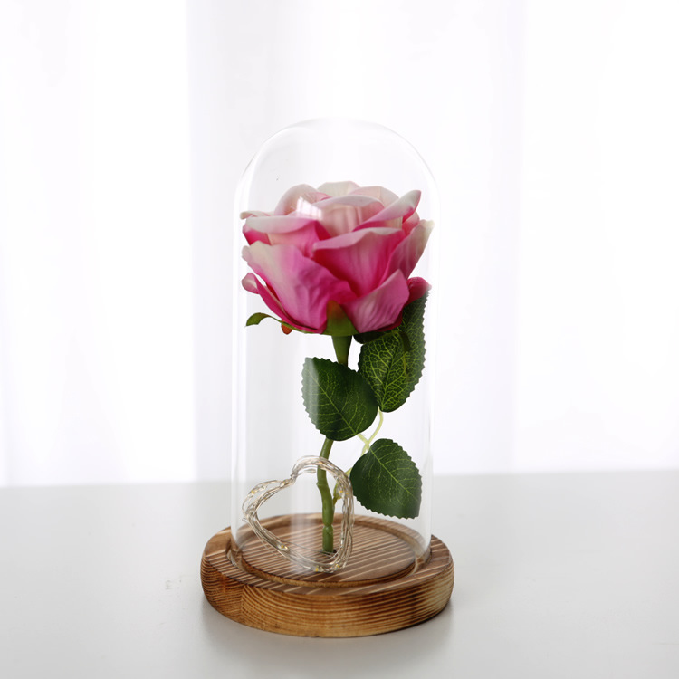 Flor eterna cubierta de vidrio simulación Rosa cubierta de vidrio soporte de regalo generación personalizada LED color quema Luz DE LA Secuencia
