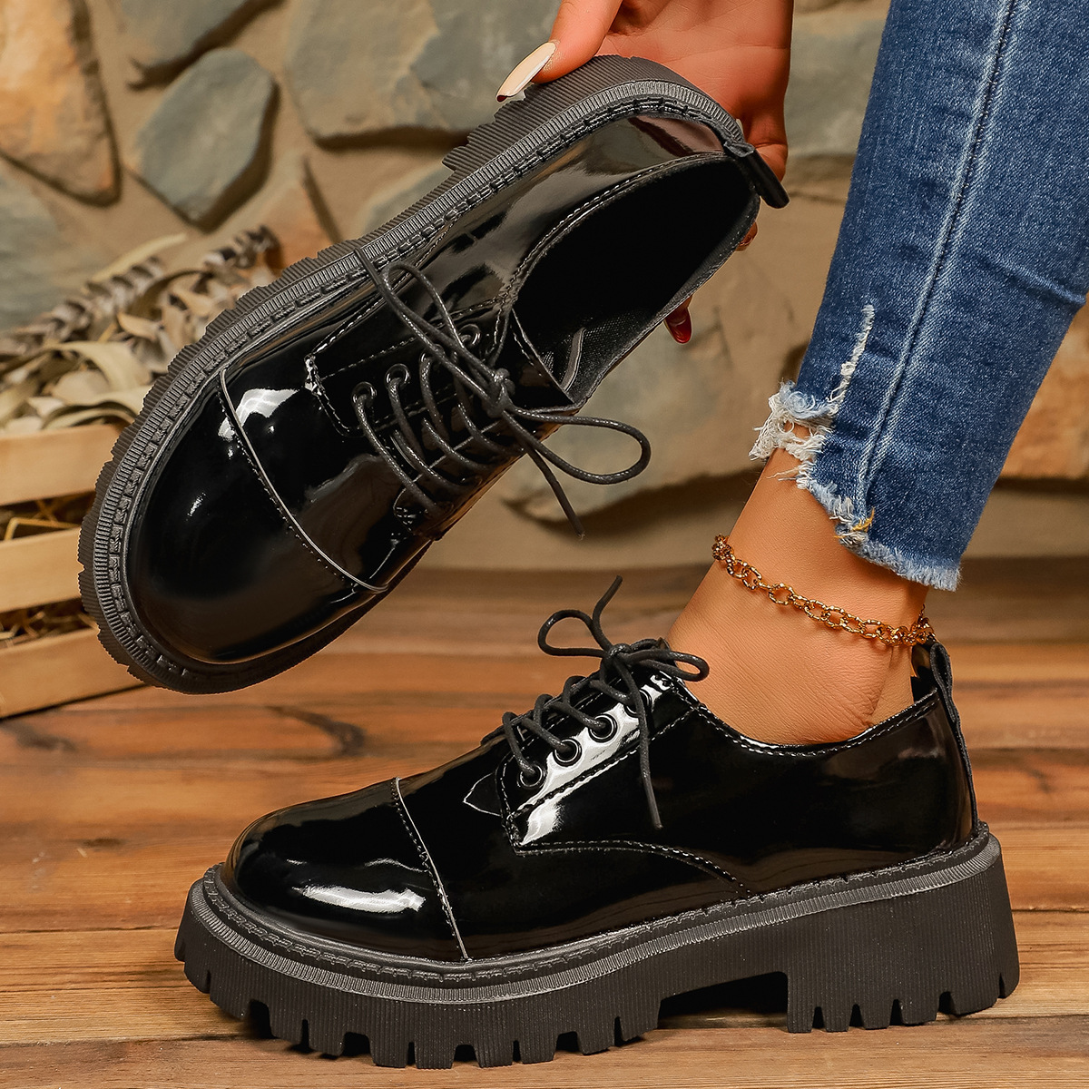 Mocassini bassi da donna in stile britannico con lacci, punta tonda, stile retrò, taglie forti, primavera, nuove scarpe eleganti in pelle._voghion.com