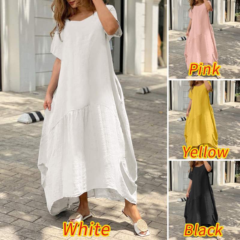 Women's A-line Skirt Casual V Neck Patchwork Short Sleeve Solid Color Maxi Long Dress Daily display picture 2