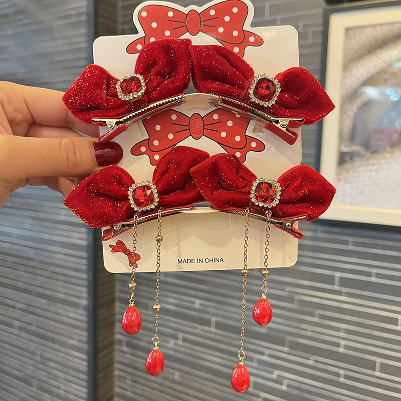 Little Princess Red Bow New Year Hair Accessory Pendant Girl Hairpin New Year Festive Head Flower Baby Velvet Headwear