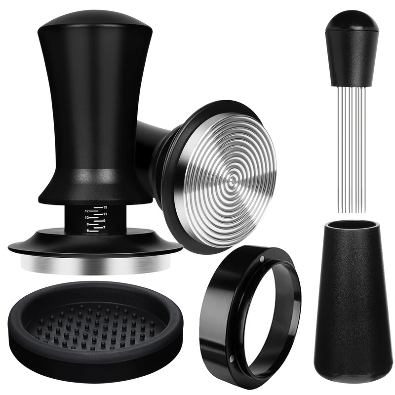Cross-Border 304 Stainless Steel Coffee Tamper with Scale, Distribution Needle, Magnetic Powder Ring, Espresso Accessories Set