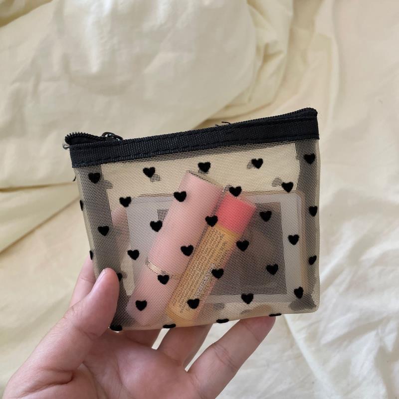 INS estilo coreano malla flocado amor bolsa de cosméticos bolsa de lápiz labial Portátil Bolsa de almacenamiento de lavado de viaje sub-embalaje bolsa de monedas