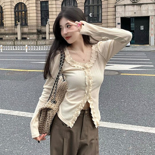 Spring and Autumn New Slimming French Style Elegant Chanel Style Wood-ear Long Sleeve Shirt Pure Desire Cardigan Western Style Shirt Top