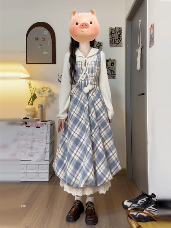 假两件蓝色格纹连衣裙子女2025早秋新款法式学院风感花苞长裙|undefined