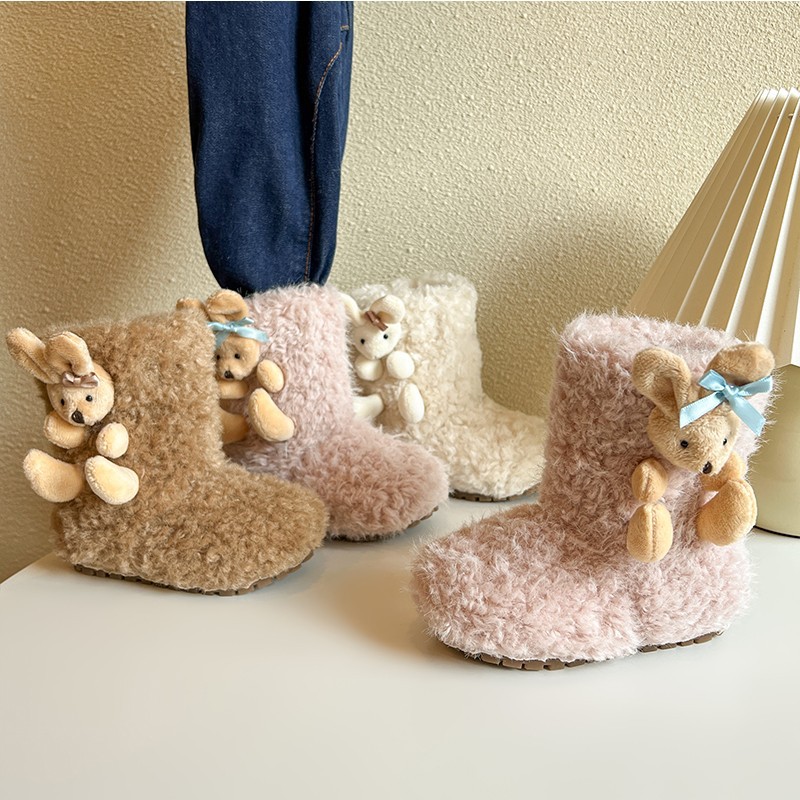 Children's Korean Style Fashionable Furry Boots for Girls, Cute Princess Snow Boots for Little Girls, Soft Soles, Thickeneded Warm Cotton Boots, Trendy