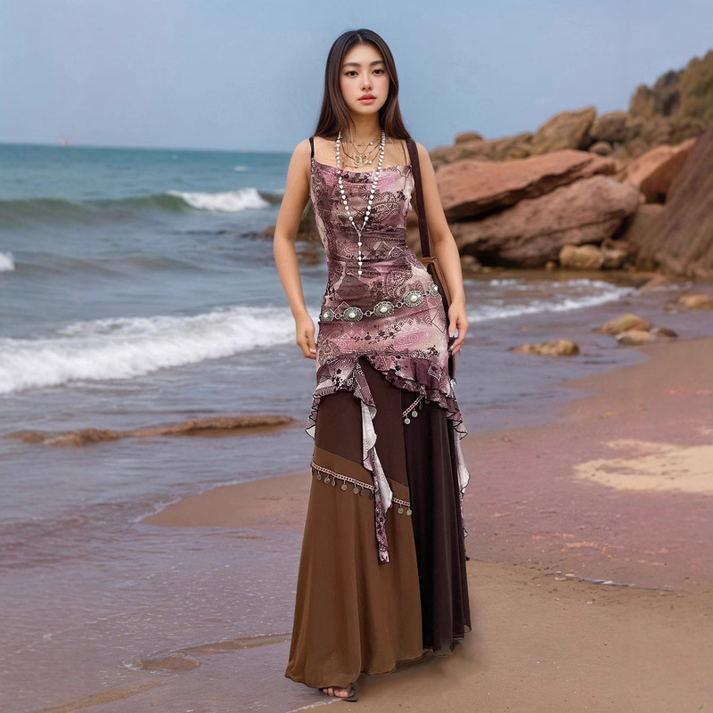 Retro Brown Nostalgic Vintage Printed Asymmetrical Ruffled Mesh Dress Sexy Suspender Waist Long Skirt