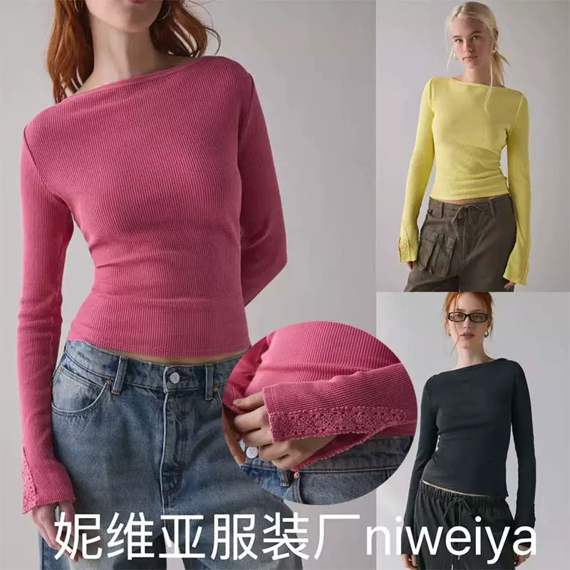 2025欧美跨境爆款纯色开叉花边长袖名媛风一字领修身显身材上衣