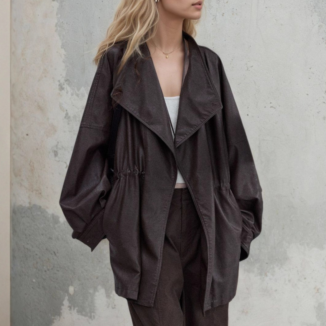 American Retro Lazy Style Washed Leather Jacket for Women Autumn and Winter New Drawstring Waist Pu Jacket Silhouette Top