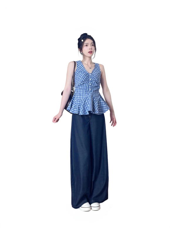 韩系蓝色格子V领无袖吊带背心女夏季2025新款收腰显瘦绝美小上衣|undefined