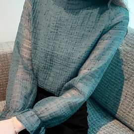 长袖雪纺衫女春季2026年新款宽松洋气小衫时尚甜美波点木耳边上衣
