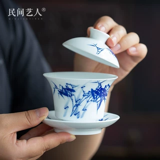 景德镇手绘青花三才盖碗茶杯白瓷泡茶器家用单个功夫茶具个人杯