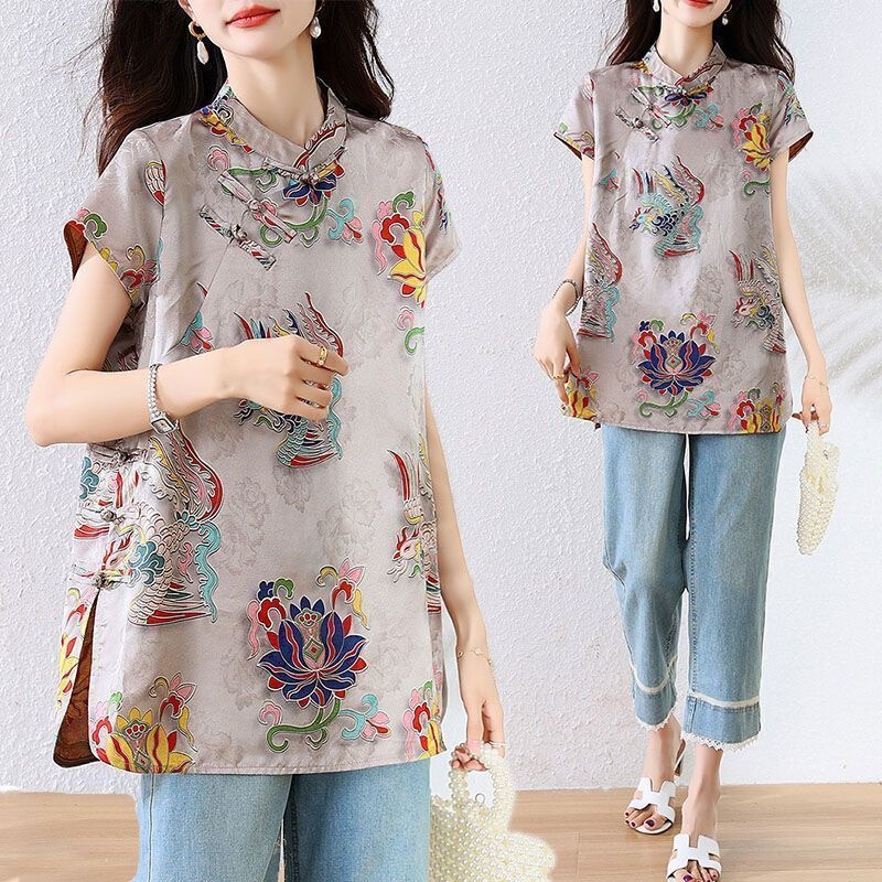 New Chinese-style satin shirt, retro Chinese design, women's summer new collection, loose fit, slimming effect, conceals flaws, with decorative buttons, short sleeves