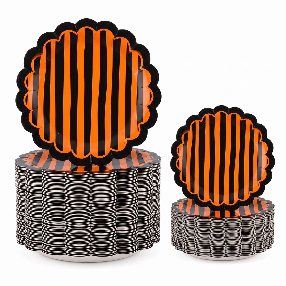 Food-grade glossy black-edged striped paper plates with Halloween theme for holiday parties and bar decorations, thickened paper dessert plates